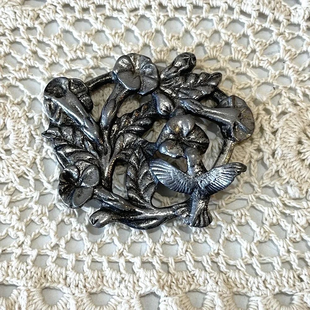 Vintage 1986 Metzke Pewter Potpourri Dish Lid Hummingbird Morning Glory Flowers